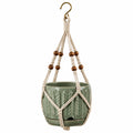 Pot de fleurs suspendu diamètre 16 cm en céramique verte avec corde en coton style naturel