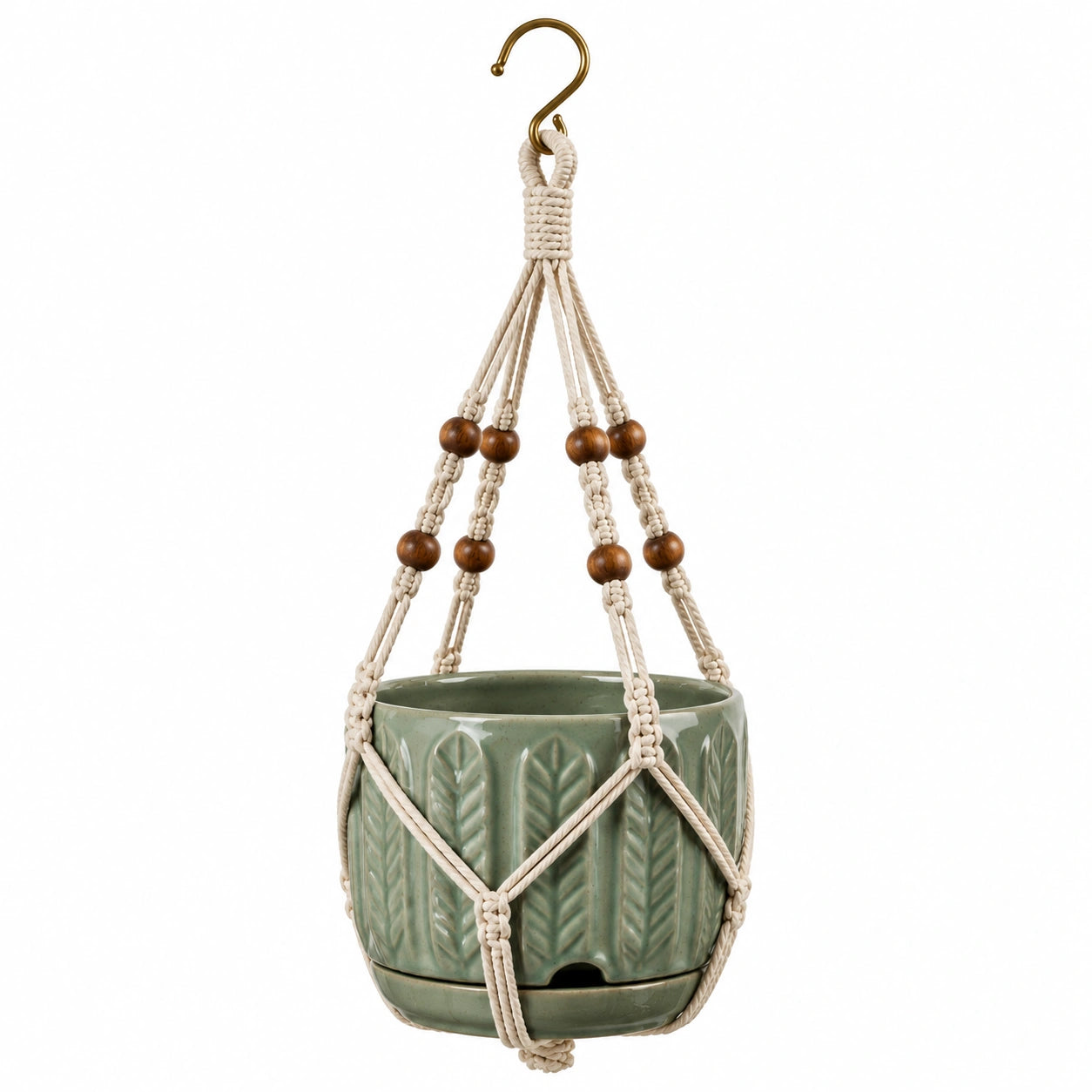 Pot de fleurs suspendu diamètre 16 cm en céramique verte avec corde en coton style naturel
