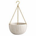 Pot de fleurs suspendu diamètre 20 cm en céramique blanc crème avec chaîne métallique décor feuillage