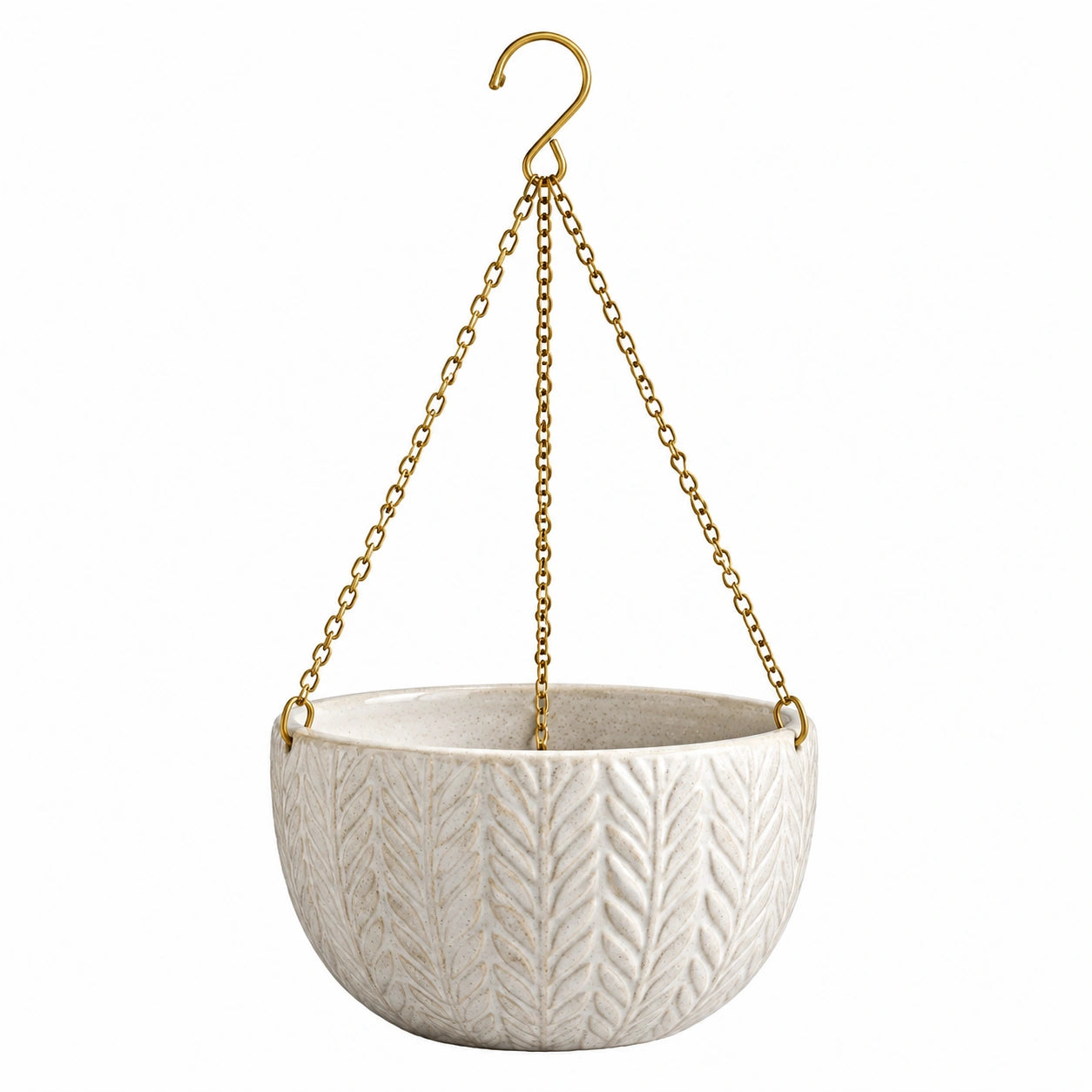 Pot de fleurs suspendu diamètre 20 cm en céramique blanc crème avec chaîne métallique décor feuillage