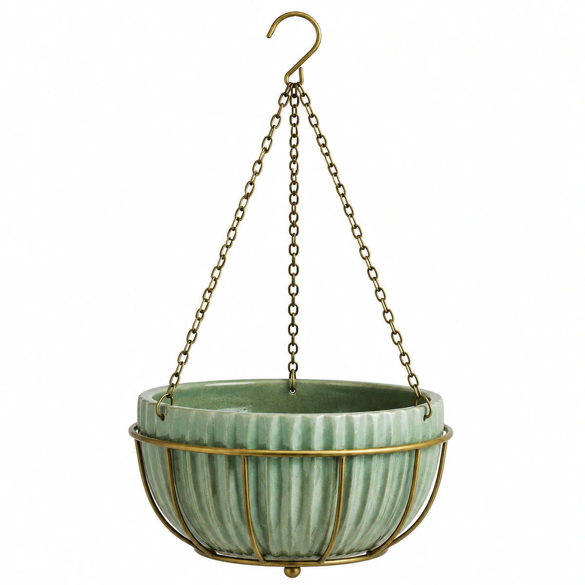 Pot de fleurs suspendu diamètre 25 cm en céramique verte avec support métallique style vintage