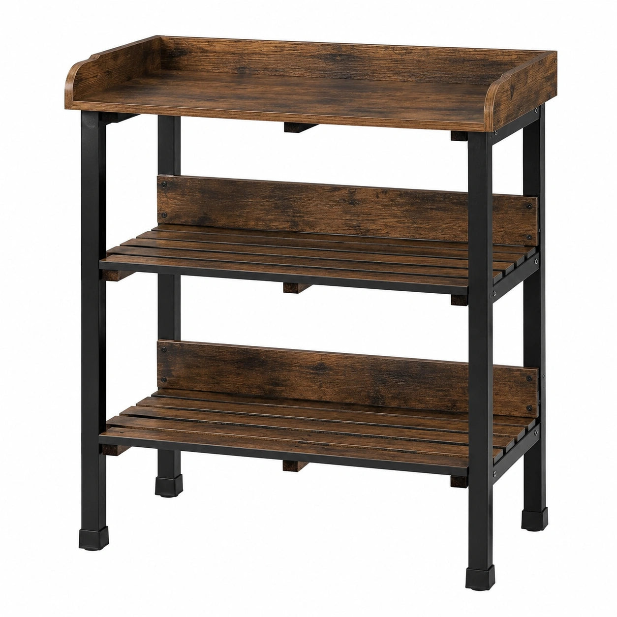 Table de jardinage 100 x 50 x 120 cm en bois brun et acier noir avec trois niveaux de rangement