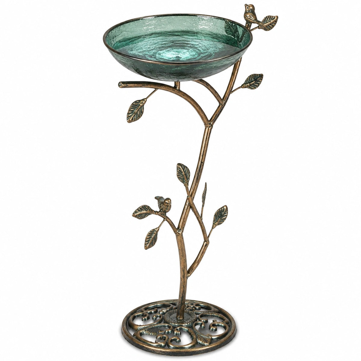 Bain d'oiseaux sur pied 35 cm en verre vert et métal brun style jardin