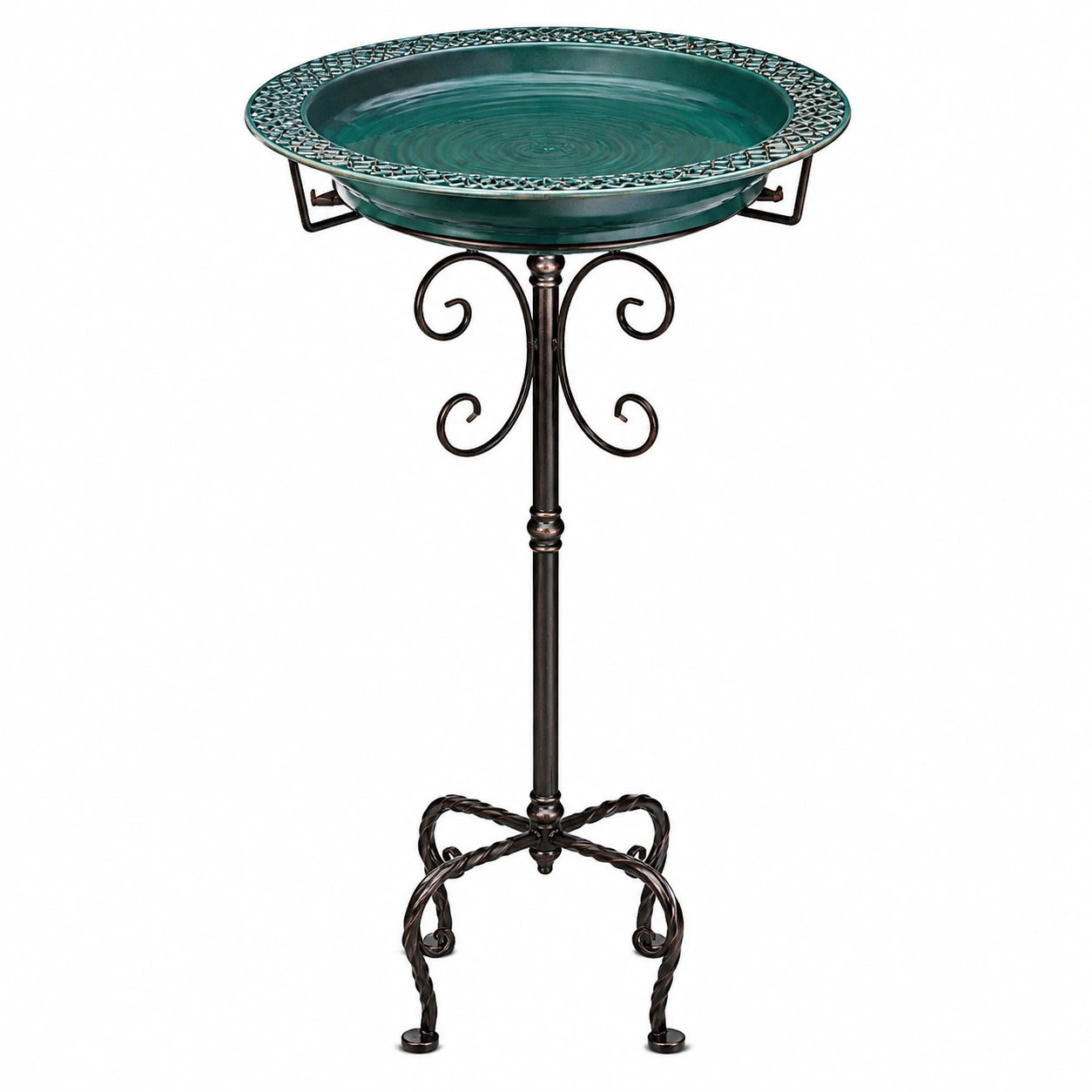 Bain d'oiseaux sur pied diamètre 50 cm métal et céramique vert style décoratif extérieur