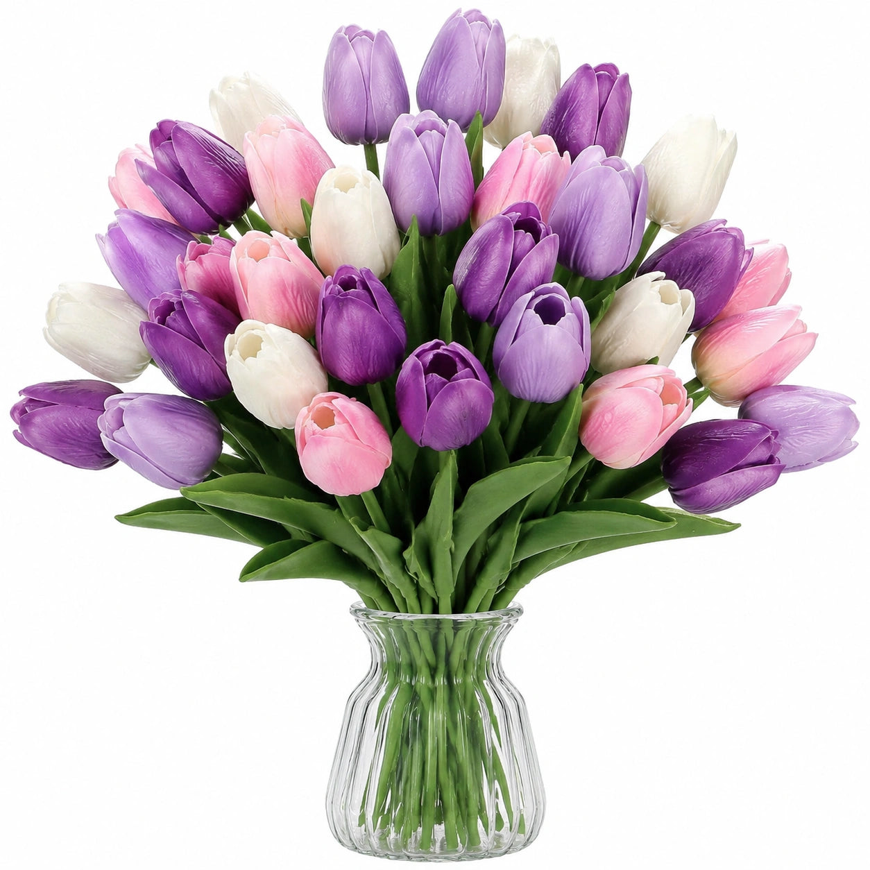 Bouquet de tulipes artificielles 65 cm en textile et plastique violet rose blanc avec vase décoratif