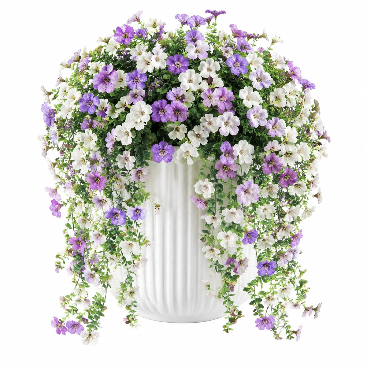 Plante fleurie artificielle en pot 65 cm violet blanc vert décor suspendu