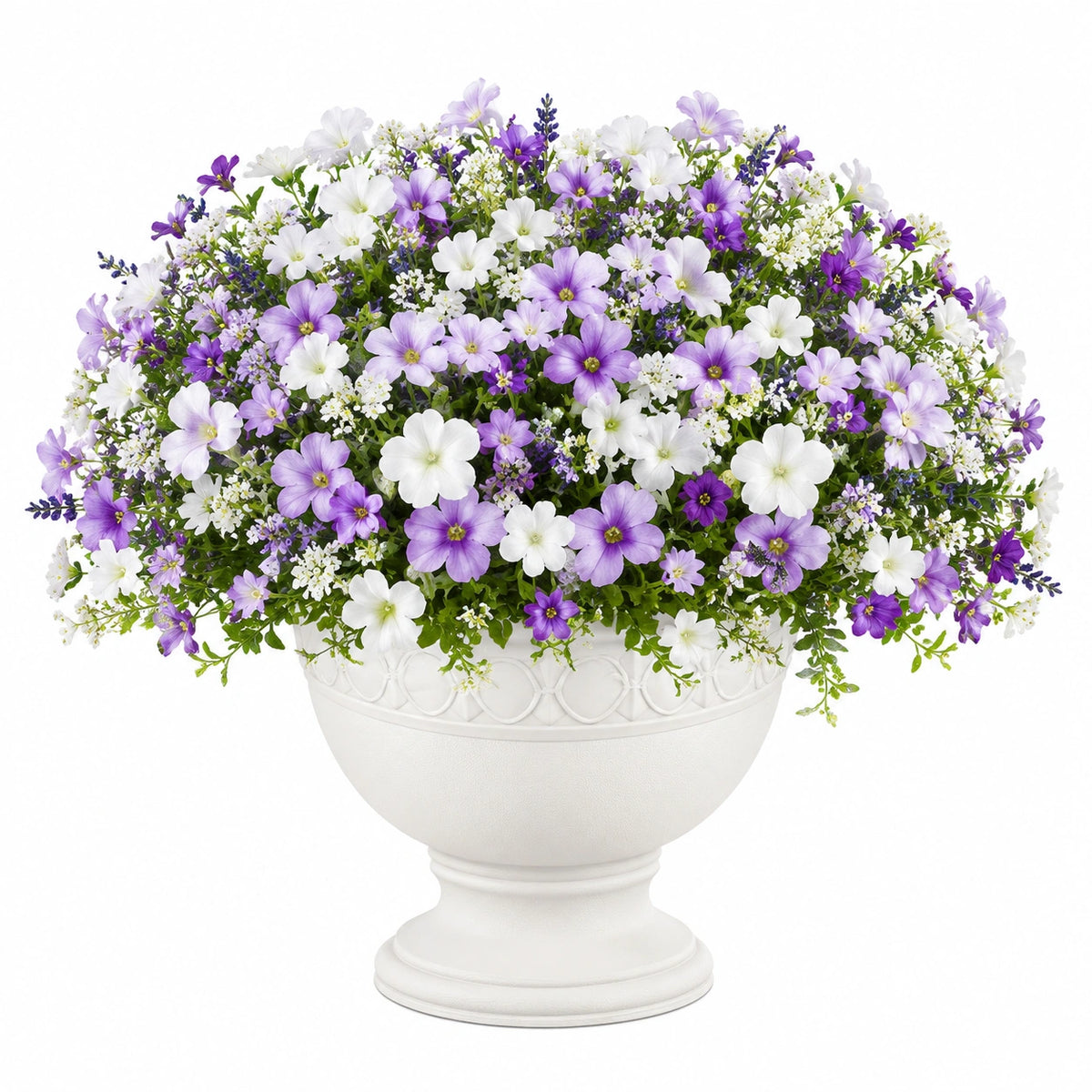 Composition florale artificielle 58 cm fleurs en tissu violet blanc en pot pour intérieur