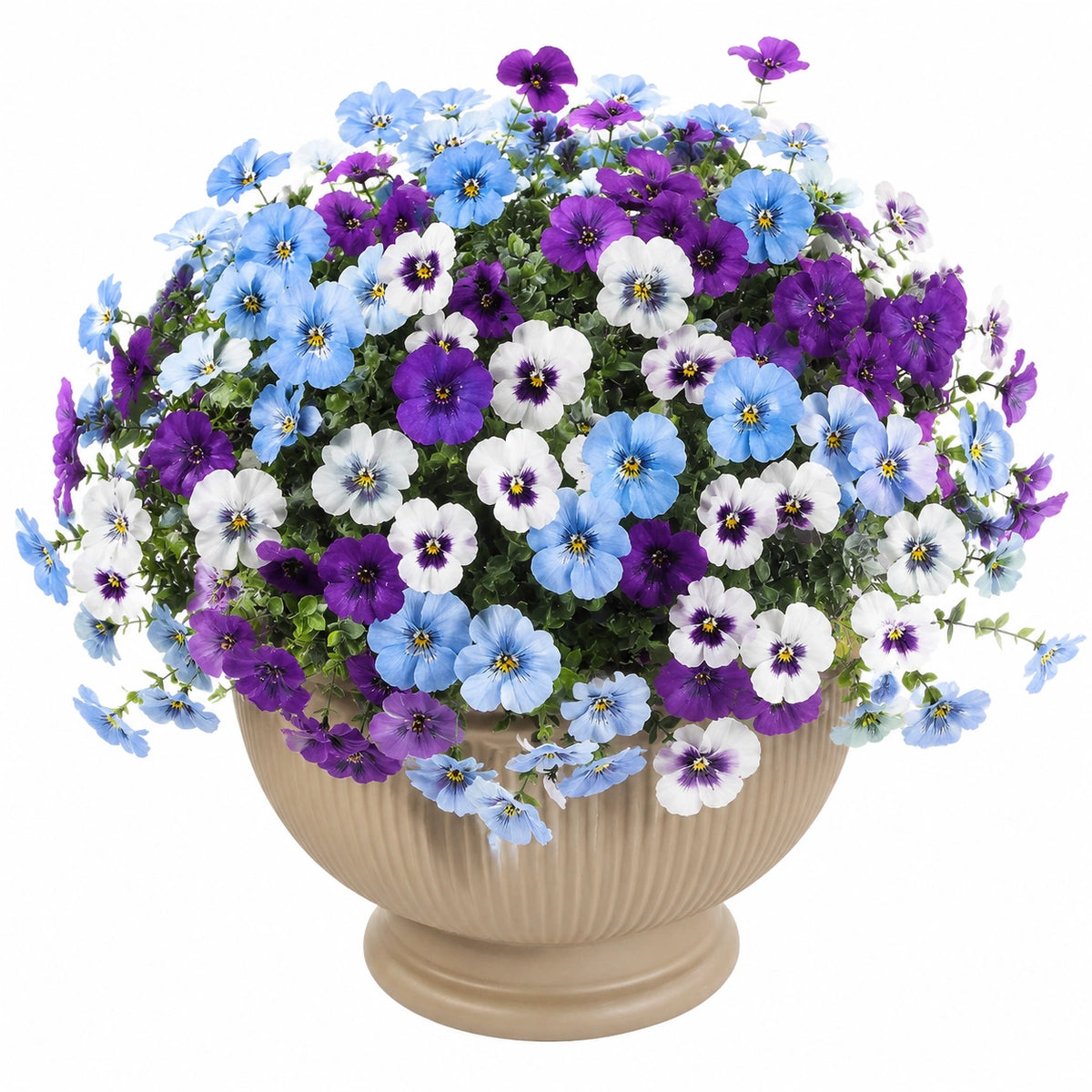 Plante artificielle en pot 35 cm fleurs pensées bleu violet blanc style décoratif