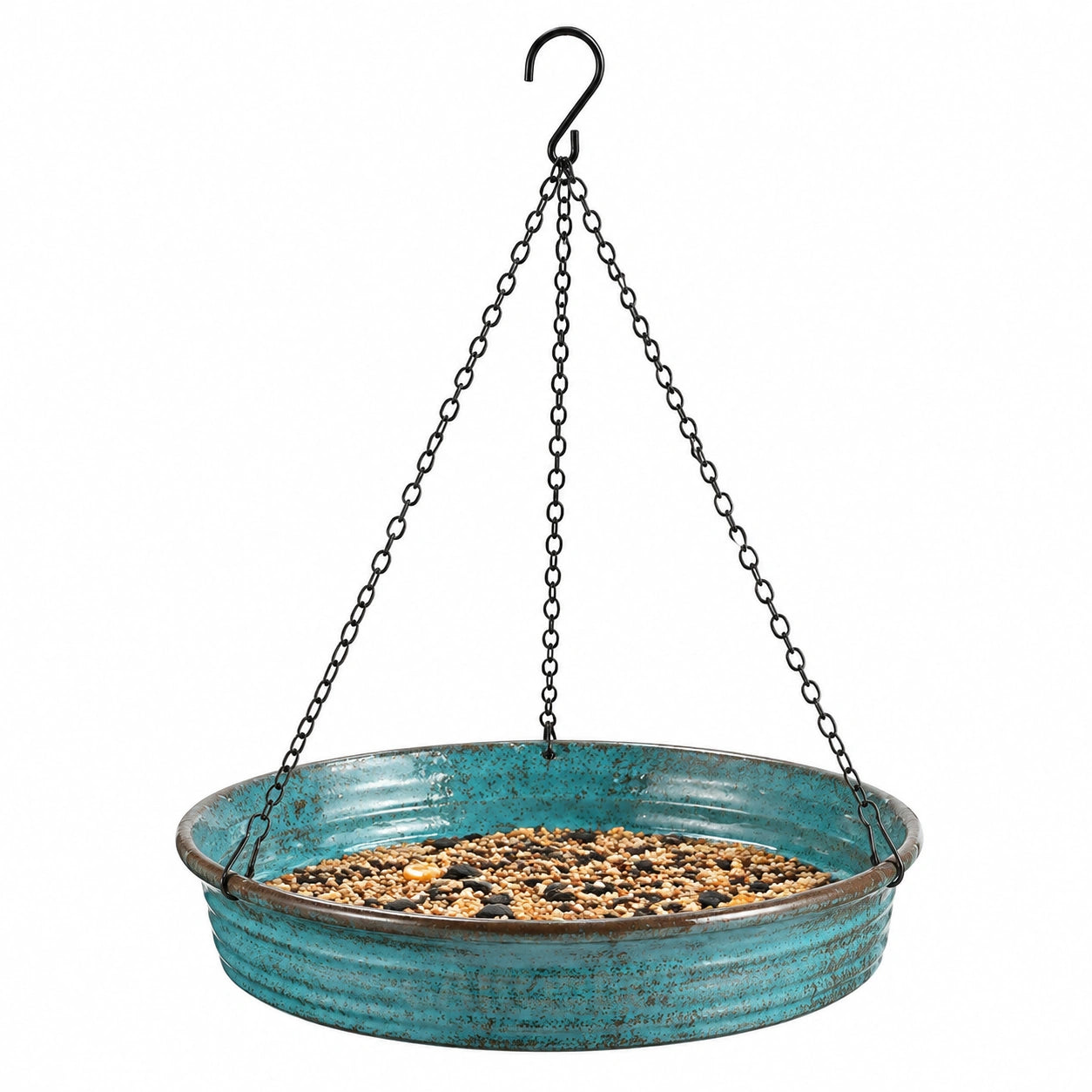 Mangeoire à oiseaux suspendue diamètre 30 cm en métal turquoise pour jardin